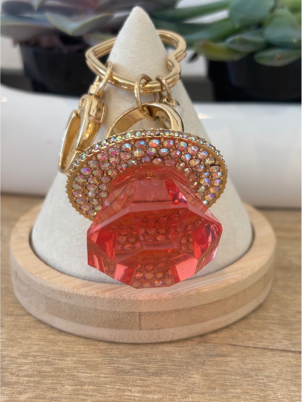 Betsy Johnson Bag Charm Keychain with Large Pink Gem and Heart Detail